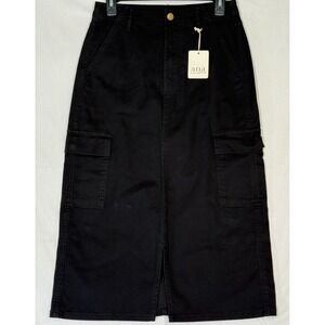 a.n.a Womens High Rise Midi Cargo Skirt Black‎ Sz 2 (27" x 30.5")